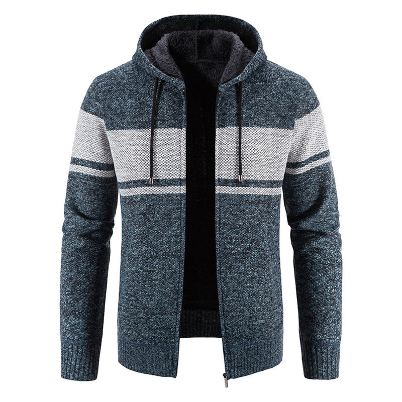 Herren Strickjacke mit Kapuze und kontrastierendem Streifenmuster Stilzeits