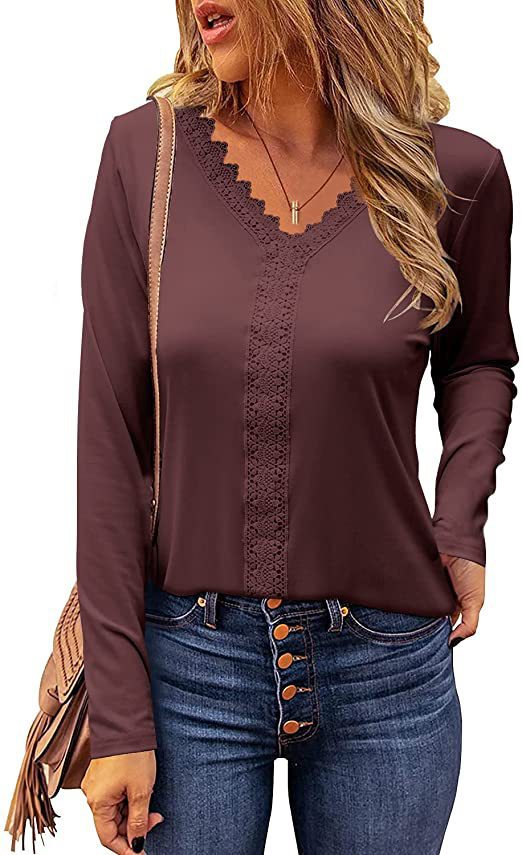 Damen elegantes V-Ausschnitt Longsleeve-Shirt mit Spitzenbesatz Stilzeits