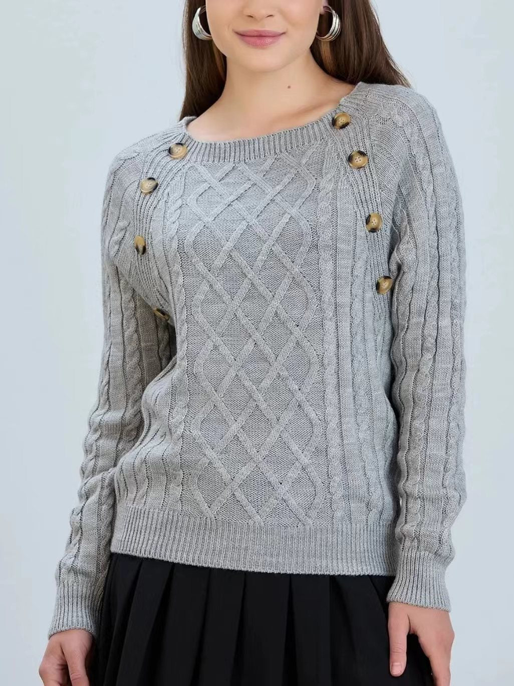 Damen Strickpullover mit klassischem Rautenmuster und dekorativen Knöpfen Stilzeits