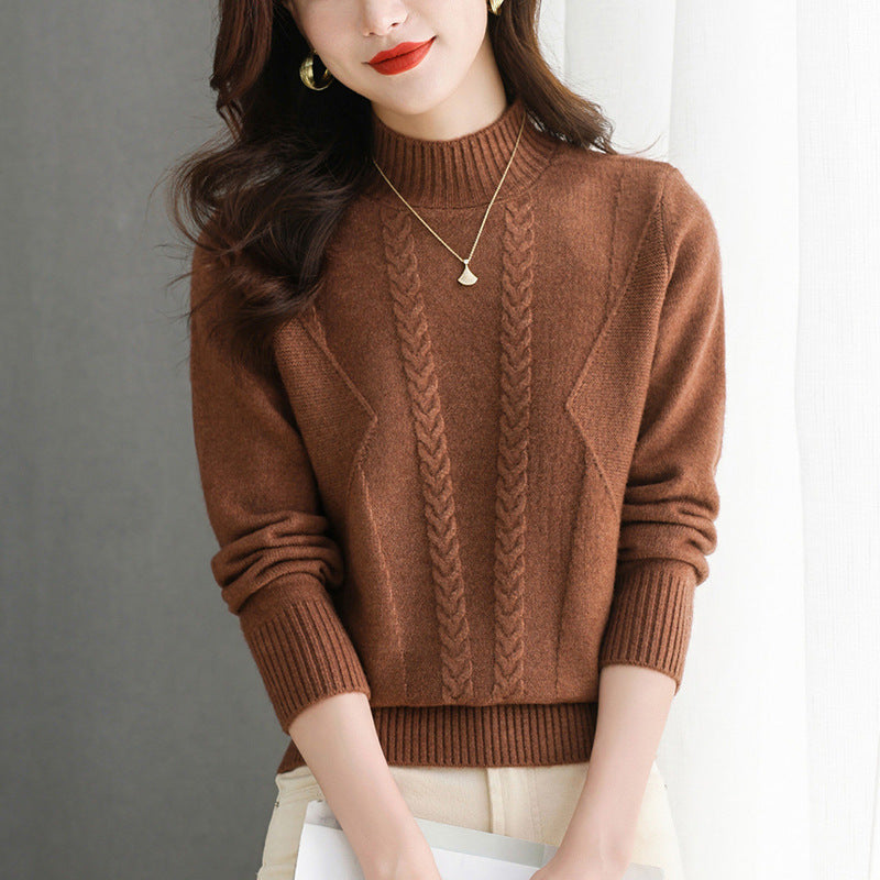 Damen Grobstrickpullover mit elegantem Zopfmuster und hohem Kragen Stilzeits