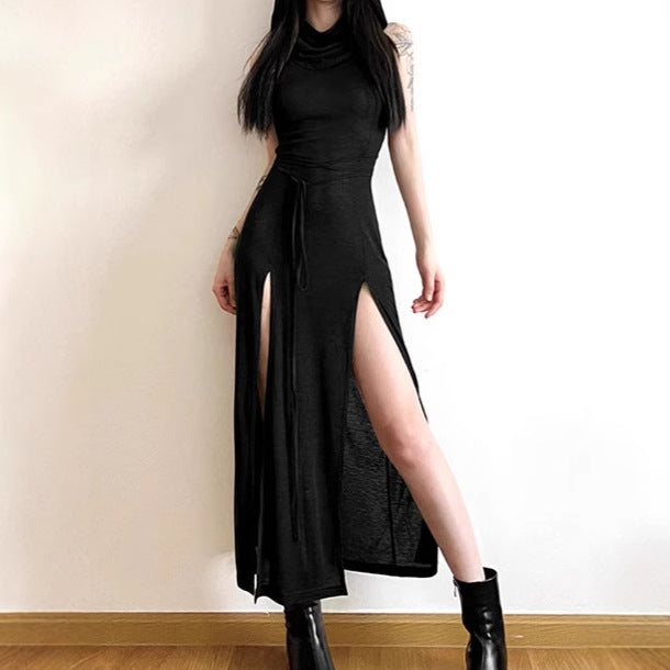 Damen Elegantes Maxikleid mit hohem Schlitz und Kapuze Stilzeits