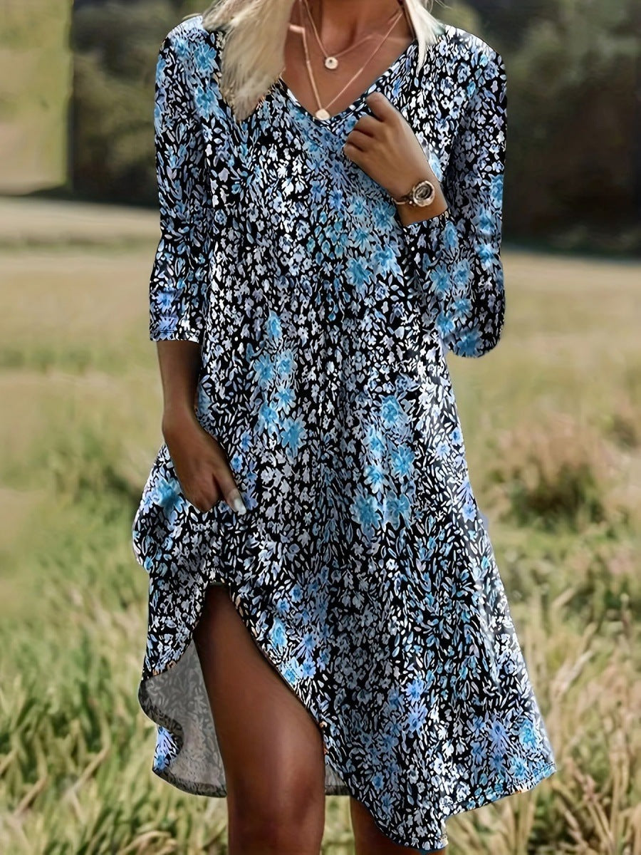 Damen Freizeitkleid mit modischem V-Ausschnitt und Seitenschlitz Stilzeits