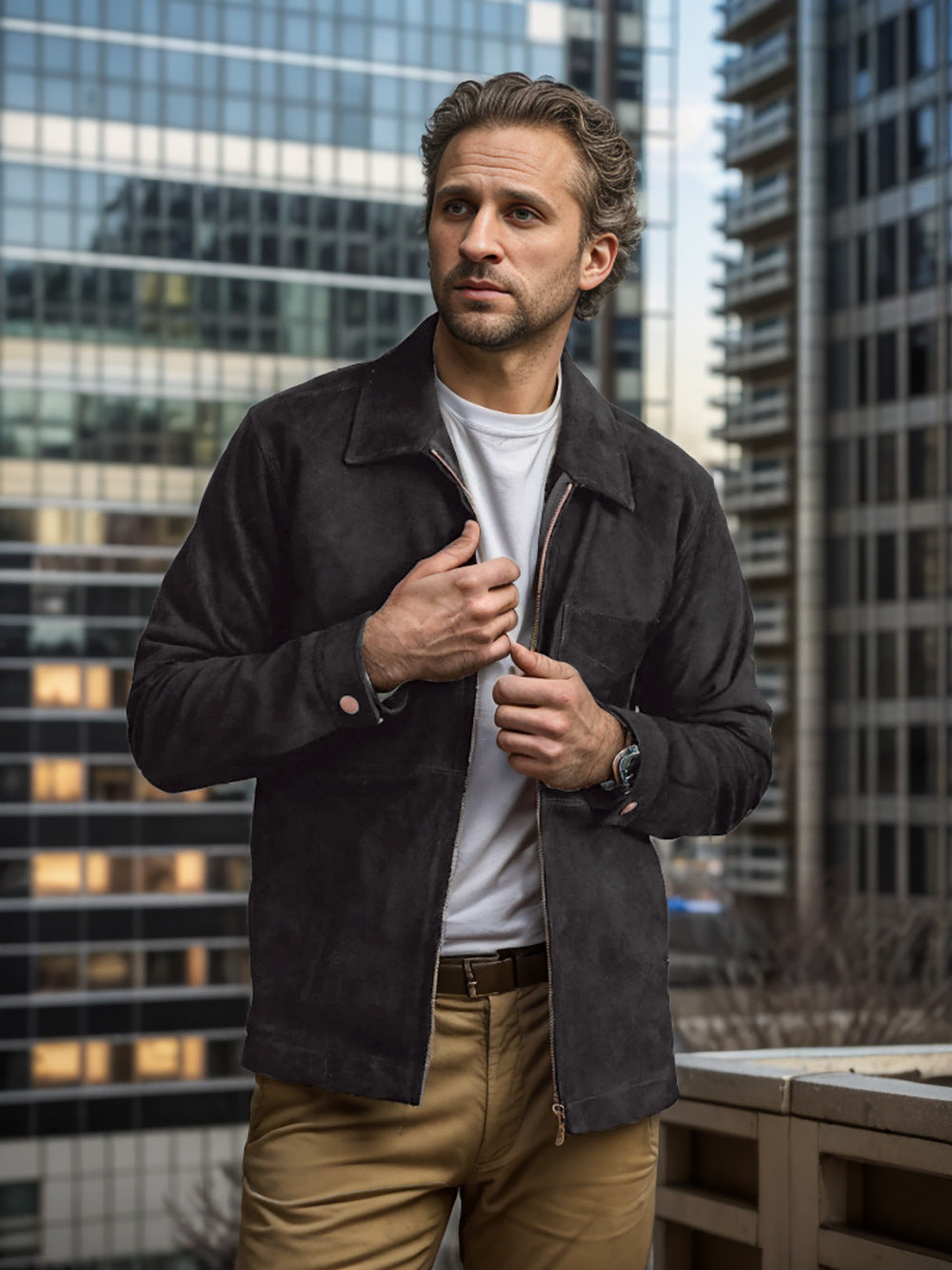 Herren schicke und lässige Wildlederjacke mit Stehkragen Stilzeits