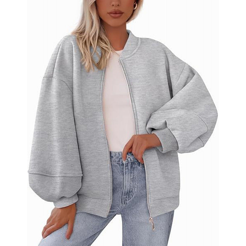 Damen lässige Oversized-Jacke mit Reißverschluss und ballonen Ärmeln Stilzeits