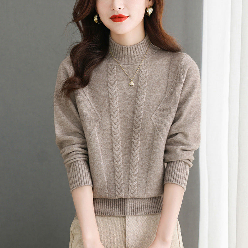Damen Grobstrickpullover mit elegantem Zopfmuster und hohem Kragen Stilzeits