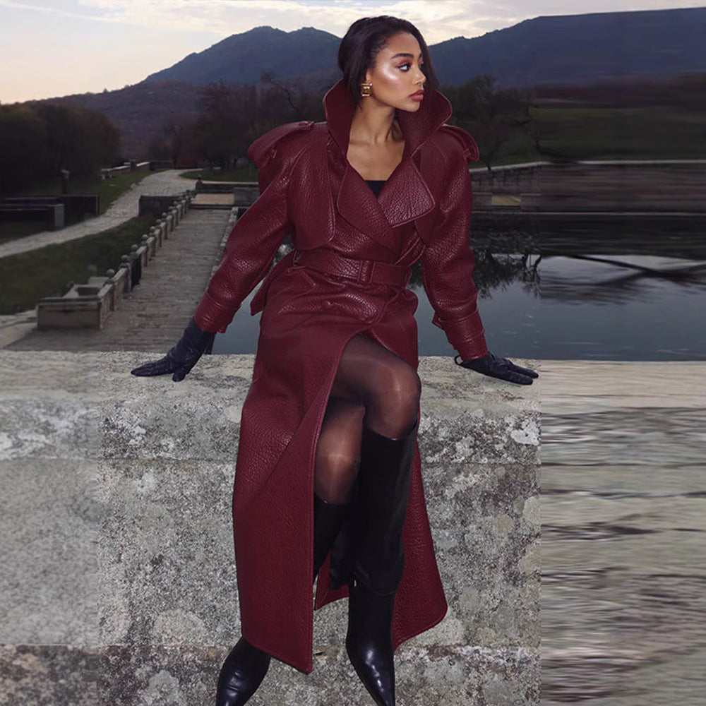 Damen Kunstleder Trenchcoat mit Oberteil und Taillengürtel Stilzeits