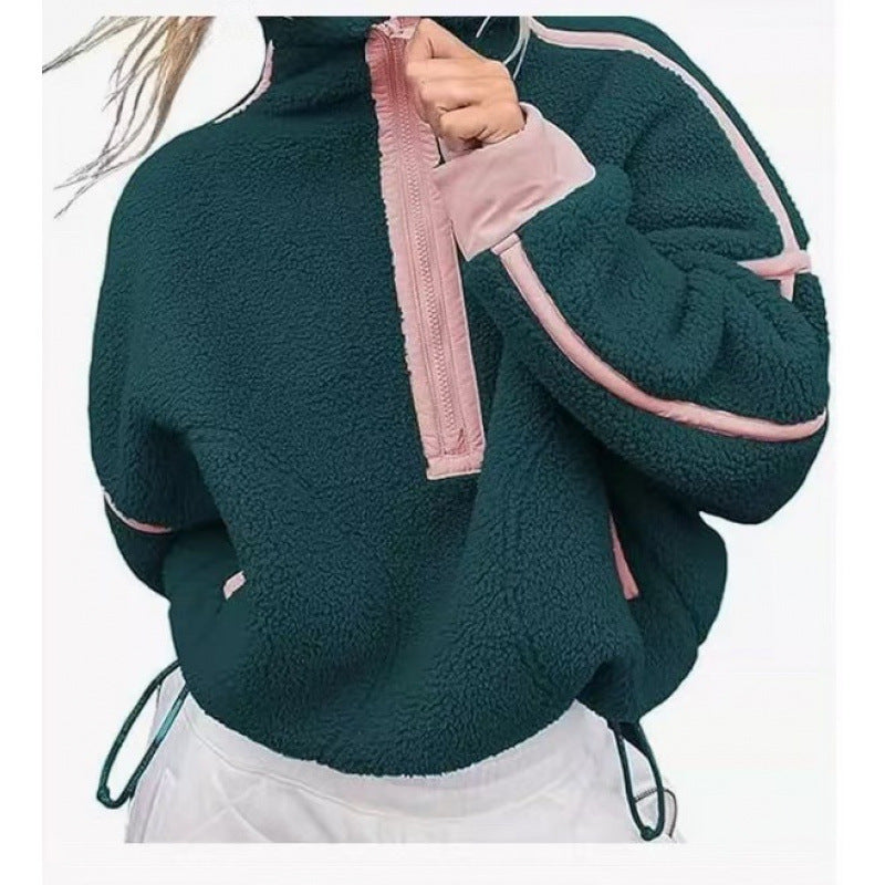 Damen Fleecpullover mit halbem Reißverschluss und kontrastierenden Ärmeln Stilzeits