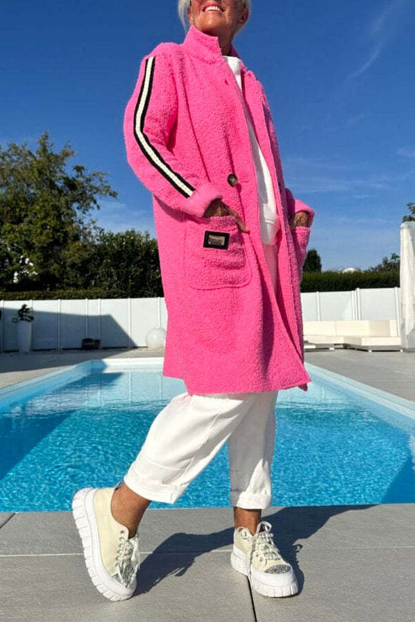 Damen eleganter Teddy-Mantel mit zwei Taschen und sportlichen Streifen Stilzeits