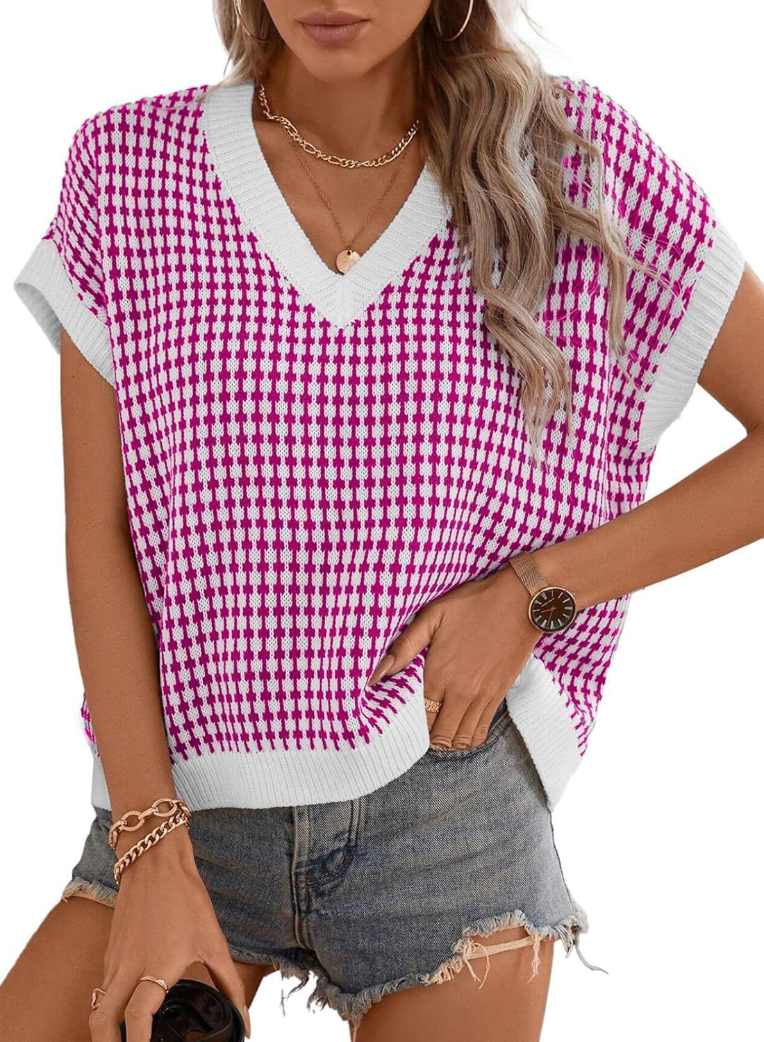 Damen lässiger V-Ausschnitt Pullover mit geometrischem Muster Stilzeits