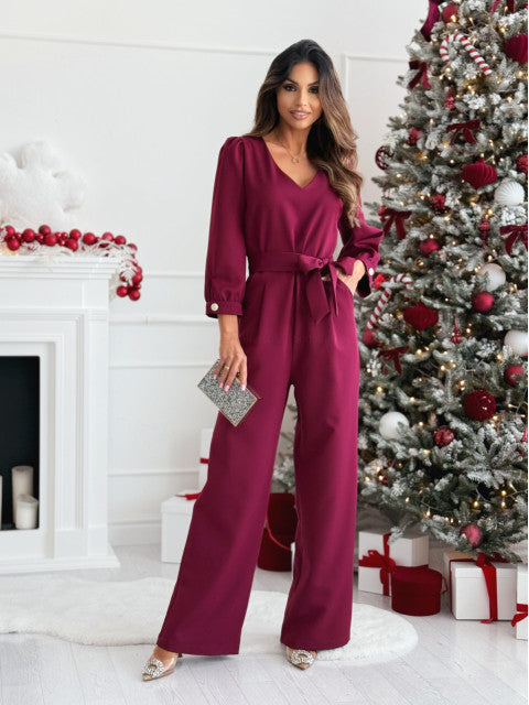 Damen Eleganter Jumpsuit mit taillierbarem Gürtel und V-Ausschnitt Stilzeits