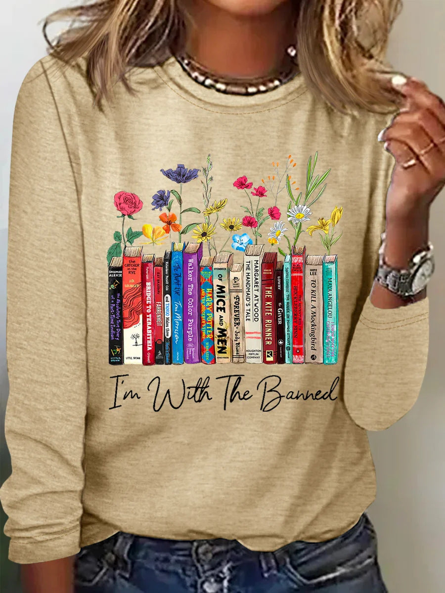 Damen Langarmshirt mit Bücher- und Blumenmotiv Stilzeits
