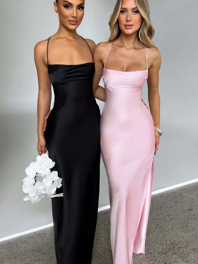 Damen Elegantes Maxikleid mit schmalen Spaghettiträgern und seitlichem Schlitz Stilzeits