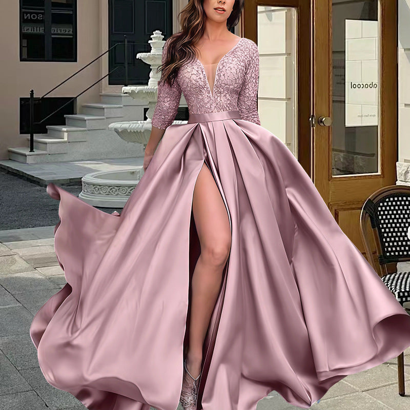 Damen Elegantes Abendkleid mit tiefem V-Ausschnitt und seitlichem Schlitz Stilzeits