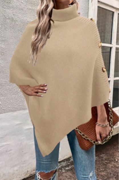 Damen Strick-Poncho mit hohem Kragen und Knopfdetails Stilzeits