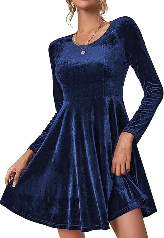 Damen Elegantes Samtkleid mit geschwungenem Saum und langen Ärmeln Stilzeits