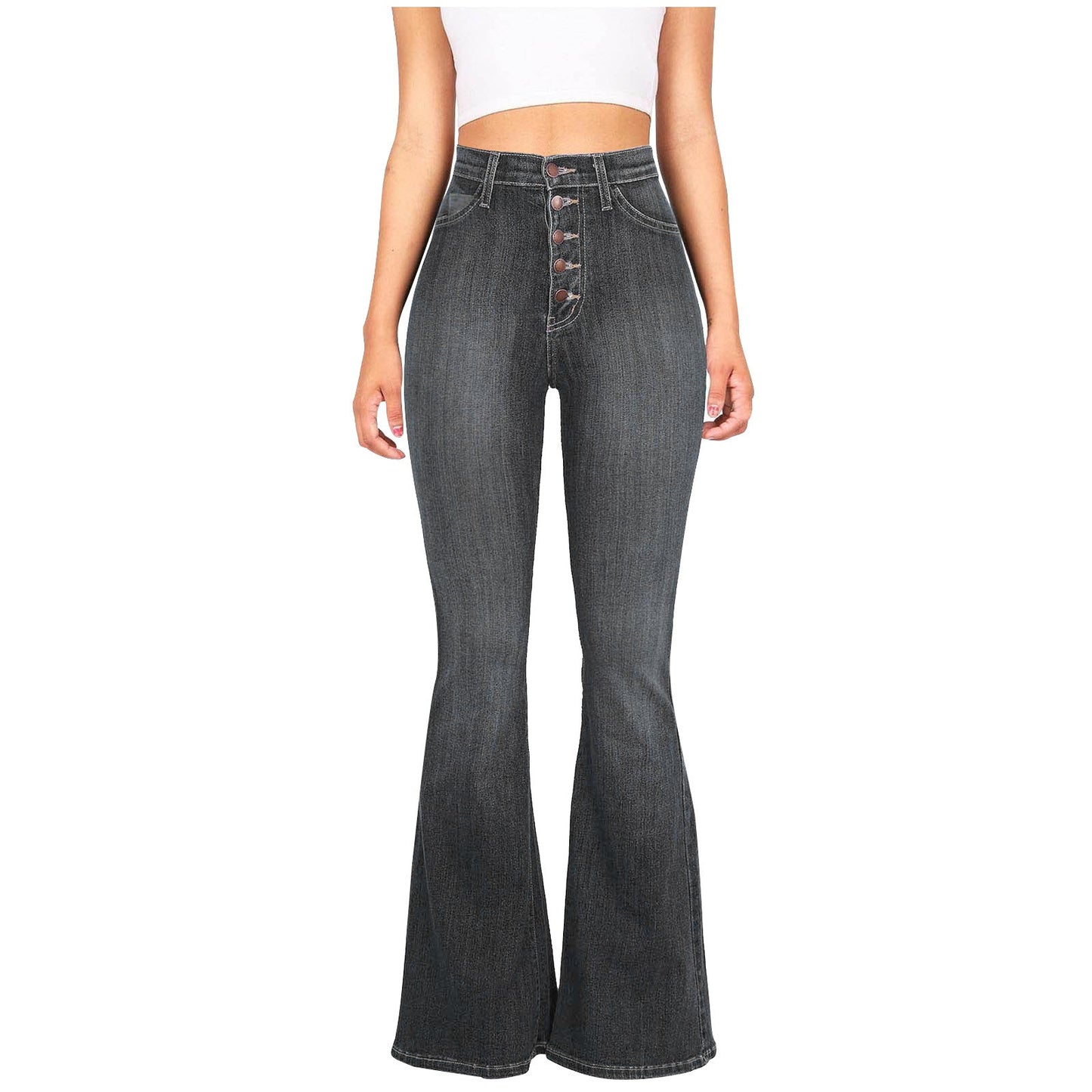 Damen Flared Jeans mit hohem Bund und dekorativer Knopfleiste Stilzeits