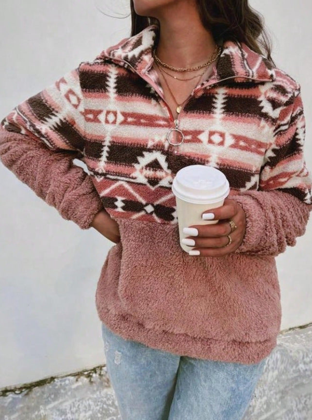 Damen Fleece-Pullover mit modernem Aztekenmuster und Stehkragen Stilzeits