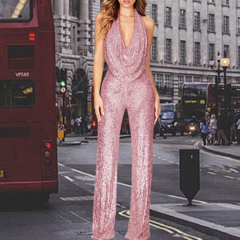 Damen Glitzerndes Jumpsuit mit tiefem V-Ausschnitt und weitem Bein Stilzeits