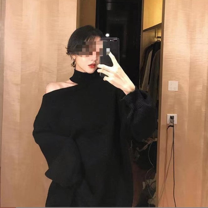 Damen Oversized Pullover mit schulterfreiem Design und hohen Kragen Stilzeits