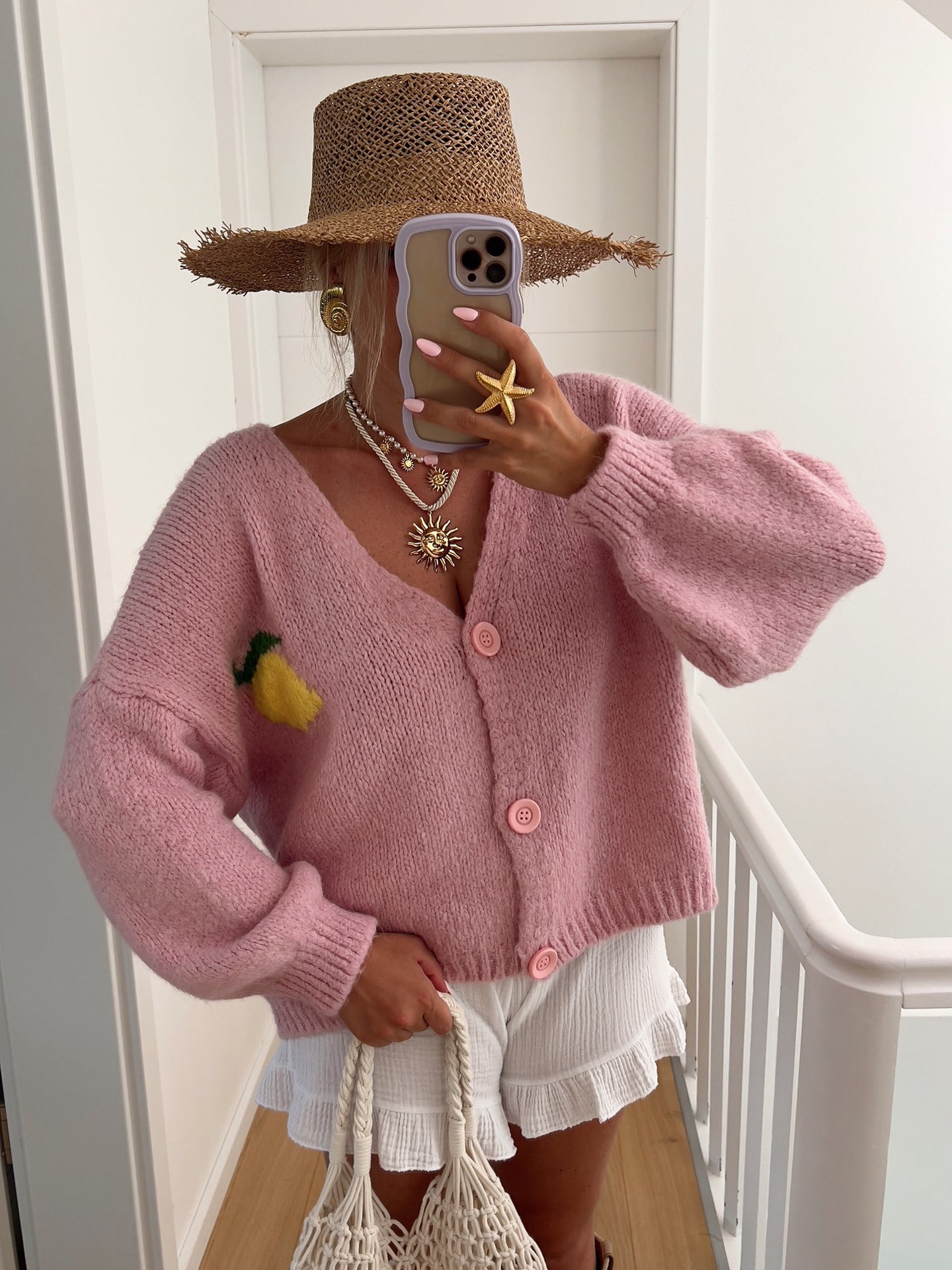 Damen Grober Strickcardigan mit einzigartigem Zitronenmotiv und knopfbarem Verschluss Stilzeits