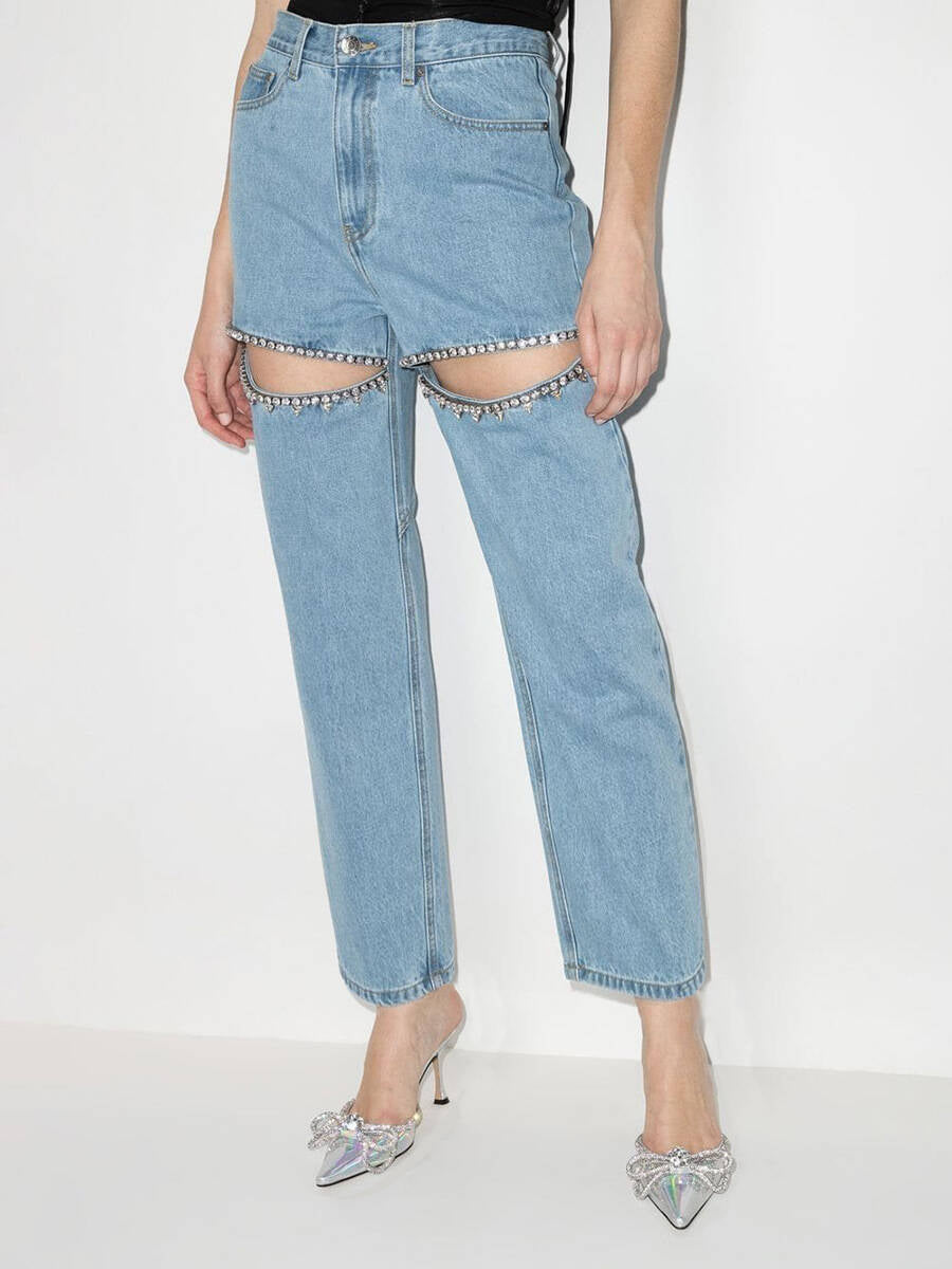 Damen Jeans mit dekorativen Cut-Outs und Strassverzierungen Stilzeits