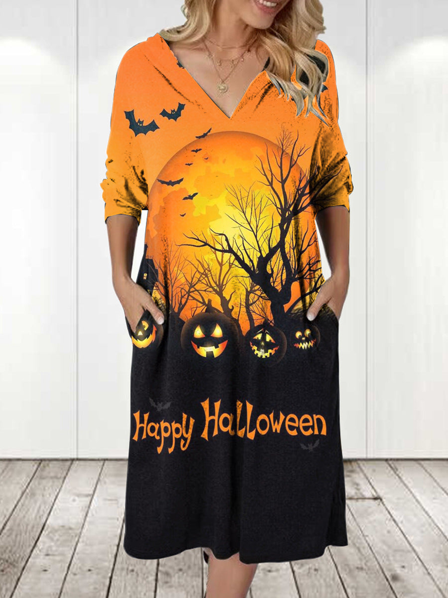 Damen Kapuzenkleid mit Halloween-Motiv und praktischen Taschen Stilzeits