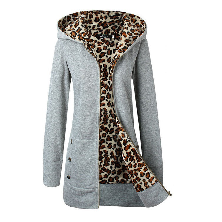 Damen Kapuzenpulloverjacke mit leopardem Innenfutter Stilzeits