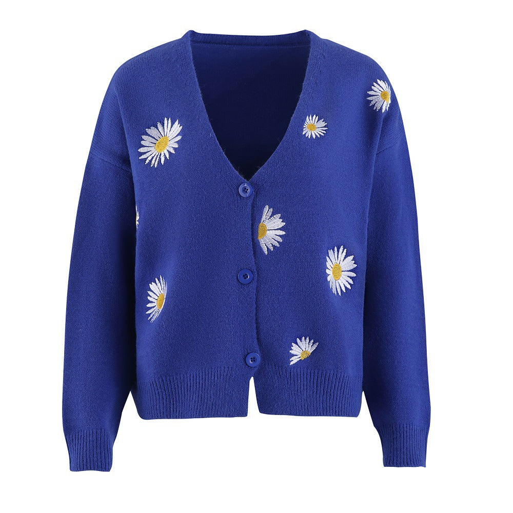 Damen Strickjacke mit Blumenstickerei und V-Ausschnitt Stilzeits