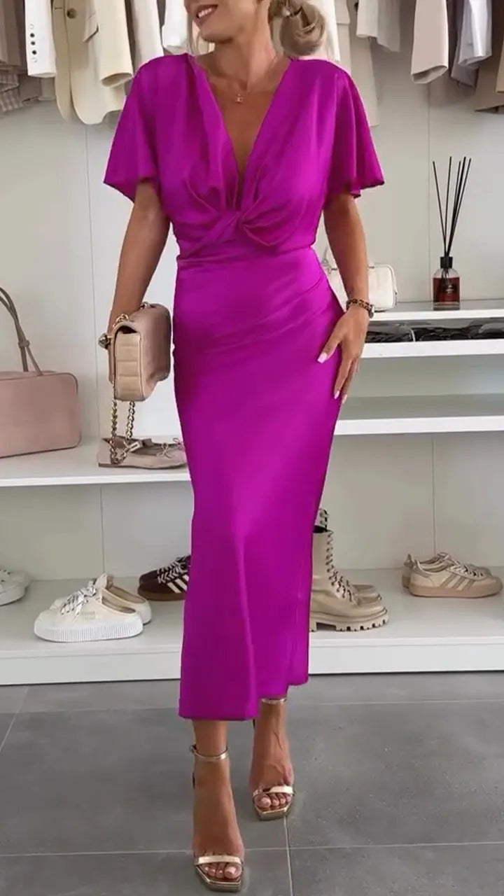 Damen Knielanges Satin-Kleid mit Kreuz-Design Stilzeits