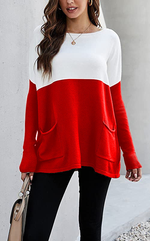Damen Strickpullover mit großen Fronttaschen und kontrastiertem Design Stilzeits