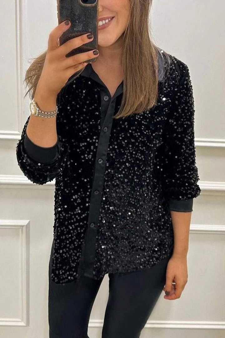 Damen Glitzernde Bluse aus Pailletten mit klassischem Kragen Stilzeits
