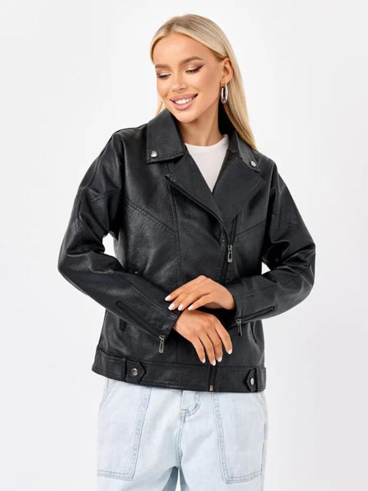 Damen hochwertige Kunstlederjacke im Biker-Stil mit asymmetrischem Reißverschluss Stilzeits