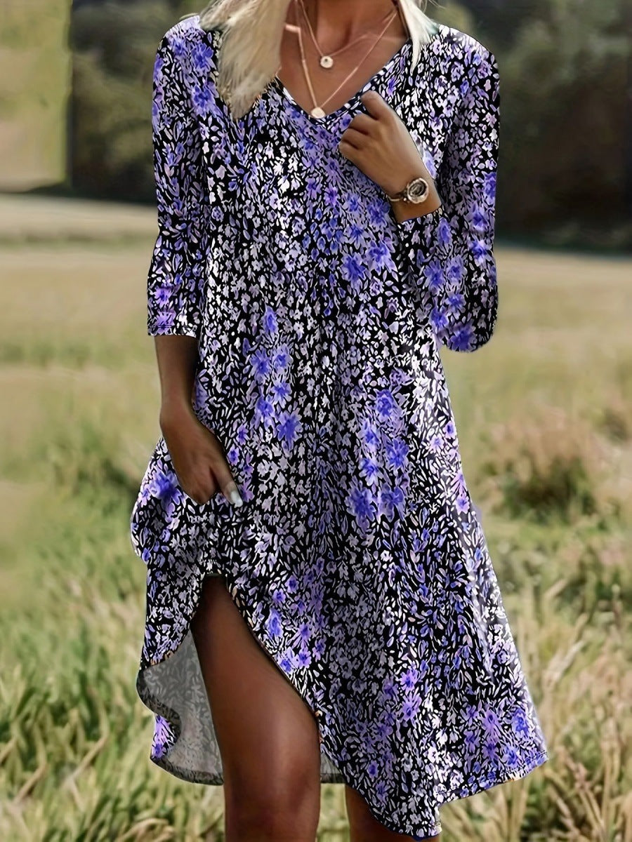 Damen Freizeitkleid mit modischem V-Ausschnitt und Seitenschlitz Stilzeits