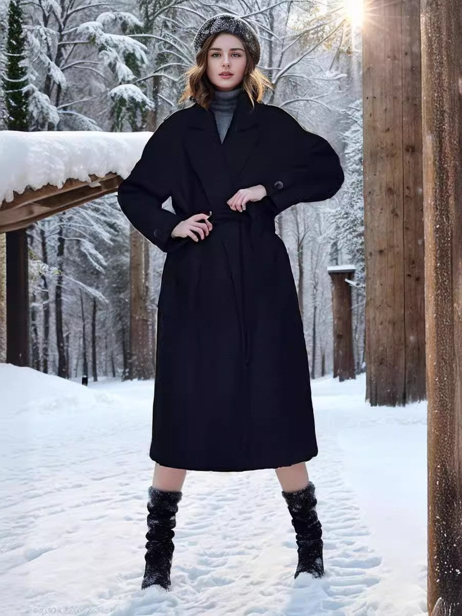 Damen eleganter Wollmantel mit Gürtel und weit geschnittenen Ärmeln Stilzeits