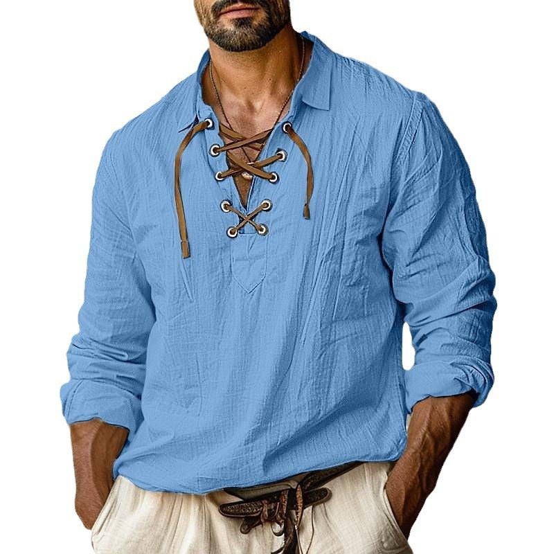 Herren lässiges Langarmhemd mit elegante Schnürung Stilzeits