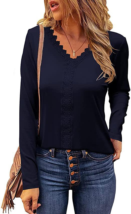 Damen elegantes V-Ausschnitt Longsleeve-Shirt mit Spitzenbesatz Stilzeits