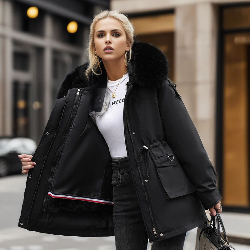 Damen warme Winterjacke mit abnehmbarem Pelzkragen Stilzeits