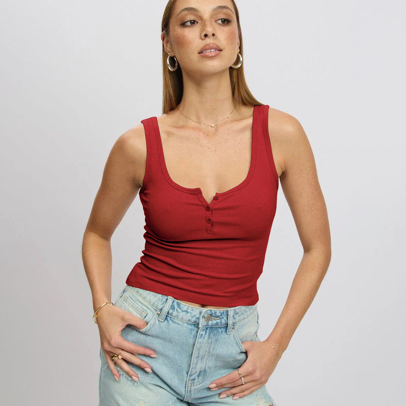 Damen körperbetontes Ripp-Top mit Knopfleiste und weitem Ausschnitt Stilzeits