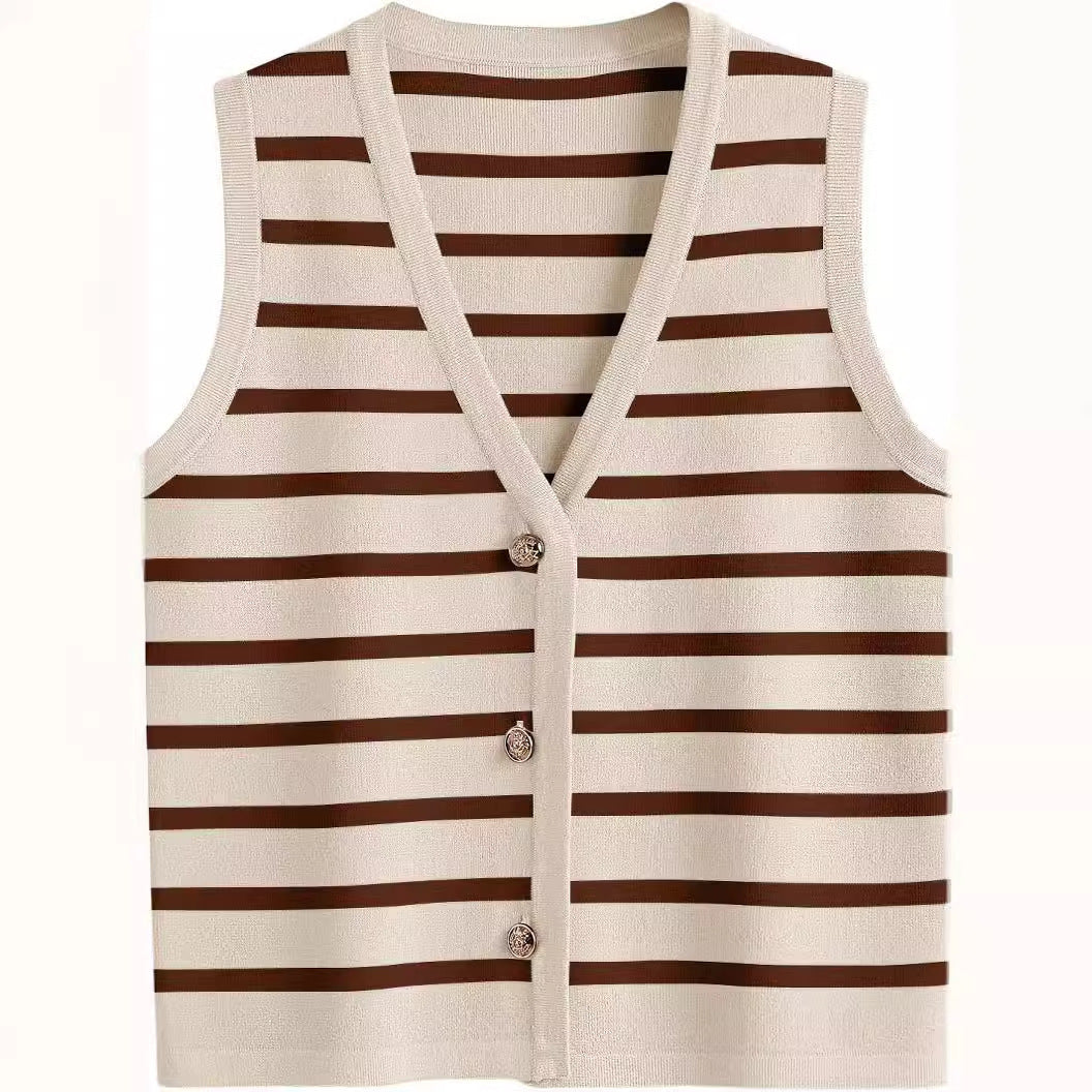 Damen ärmellose Strickweste mit V-Ausschnitt und dekorativen Knöpfen Stilzeits