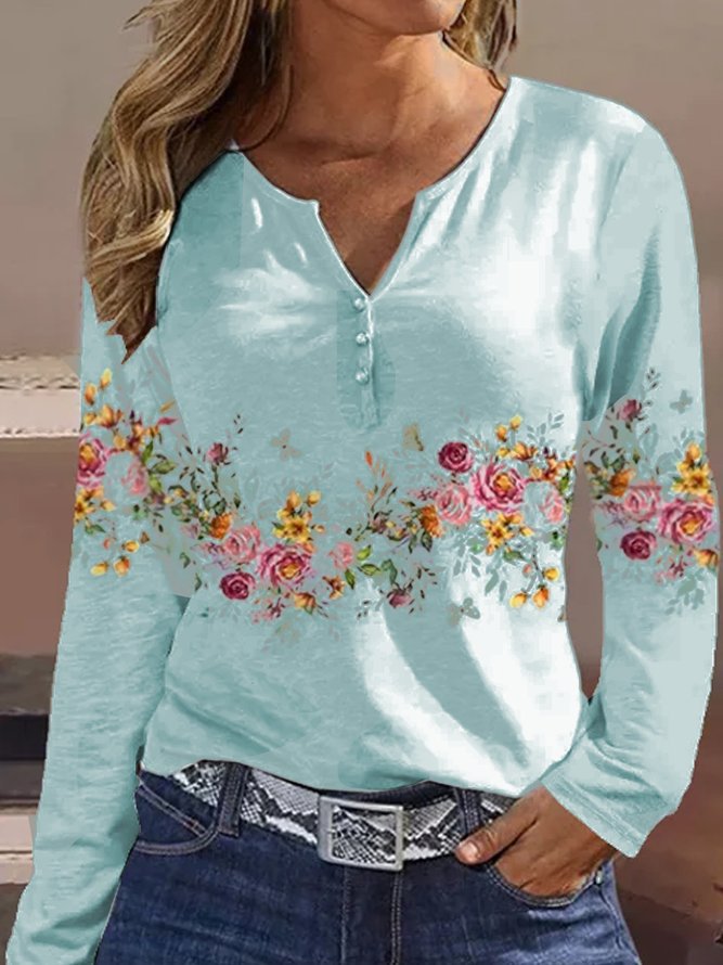 Damen Langarmshirt mit floralem Motiv und Knopfdetails Stilzeits