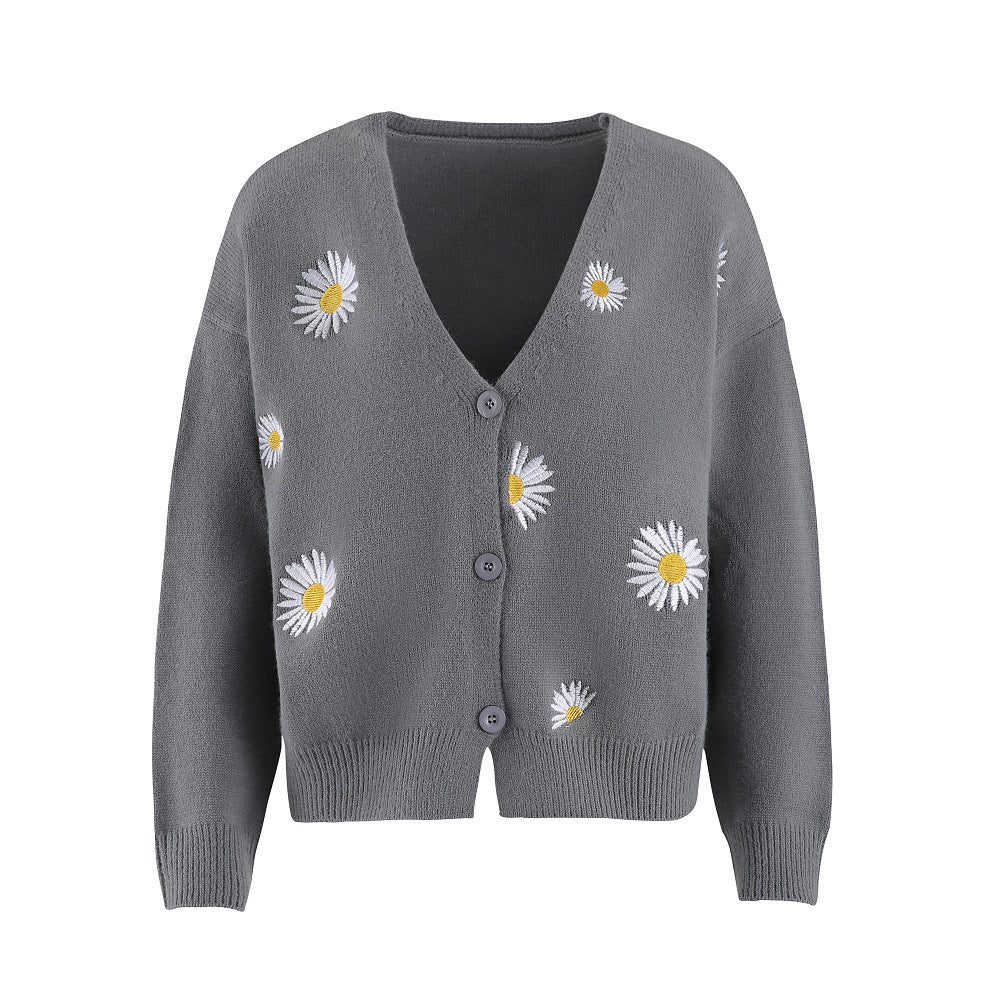 Damen Strickjacke mit Blumenstickerei und V-Ausschnitt Stilzeits