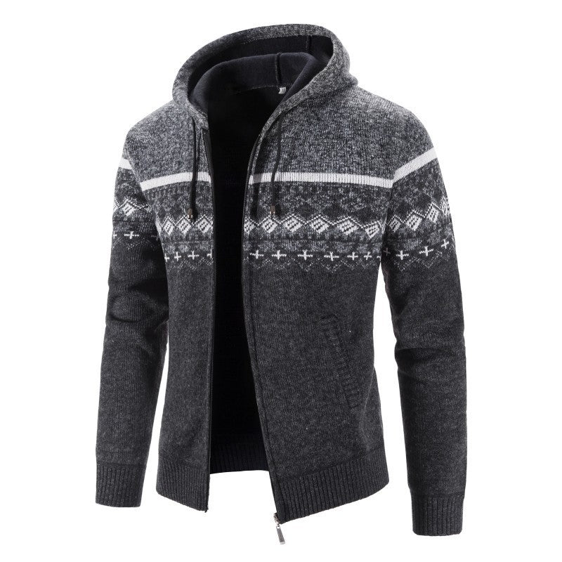 Herren Melierte Strickjacke mit Kapuze und Norweger-Muster Stilzeits