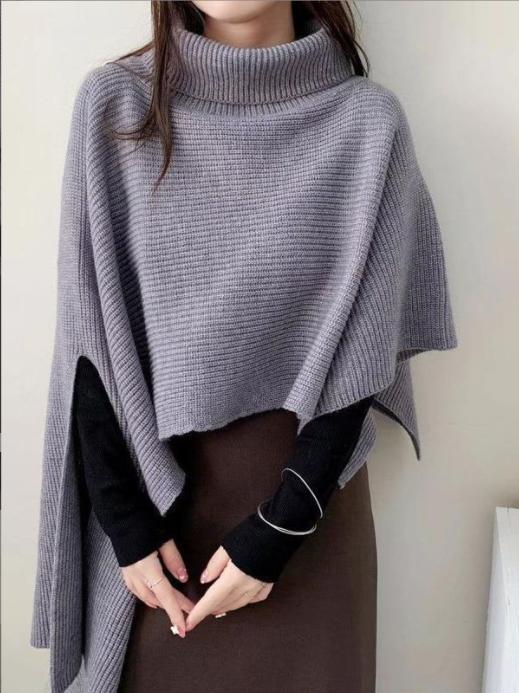 Damen Strickponcho mit hohem Kragen und asymmetrischem Schnitt Stilzeits
