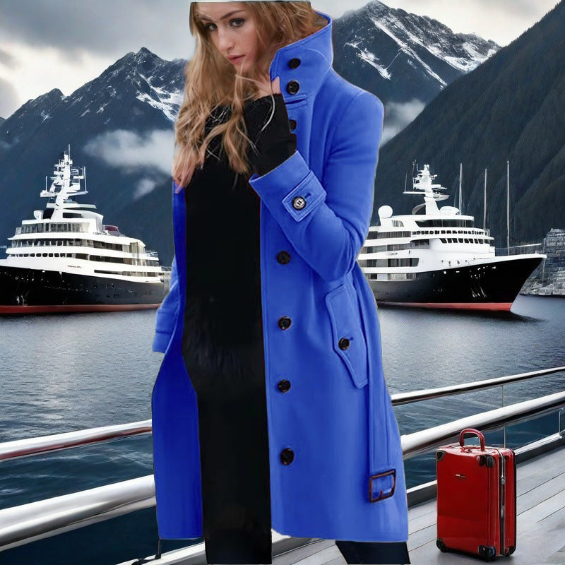 Damen eleganter Trenchcoat mit hohem Kragen und doppelter Knopfleiste Stilzeits