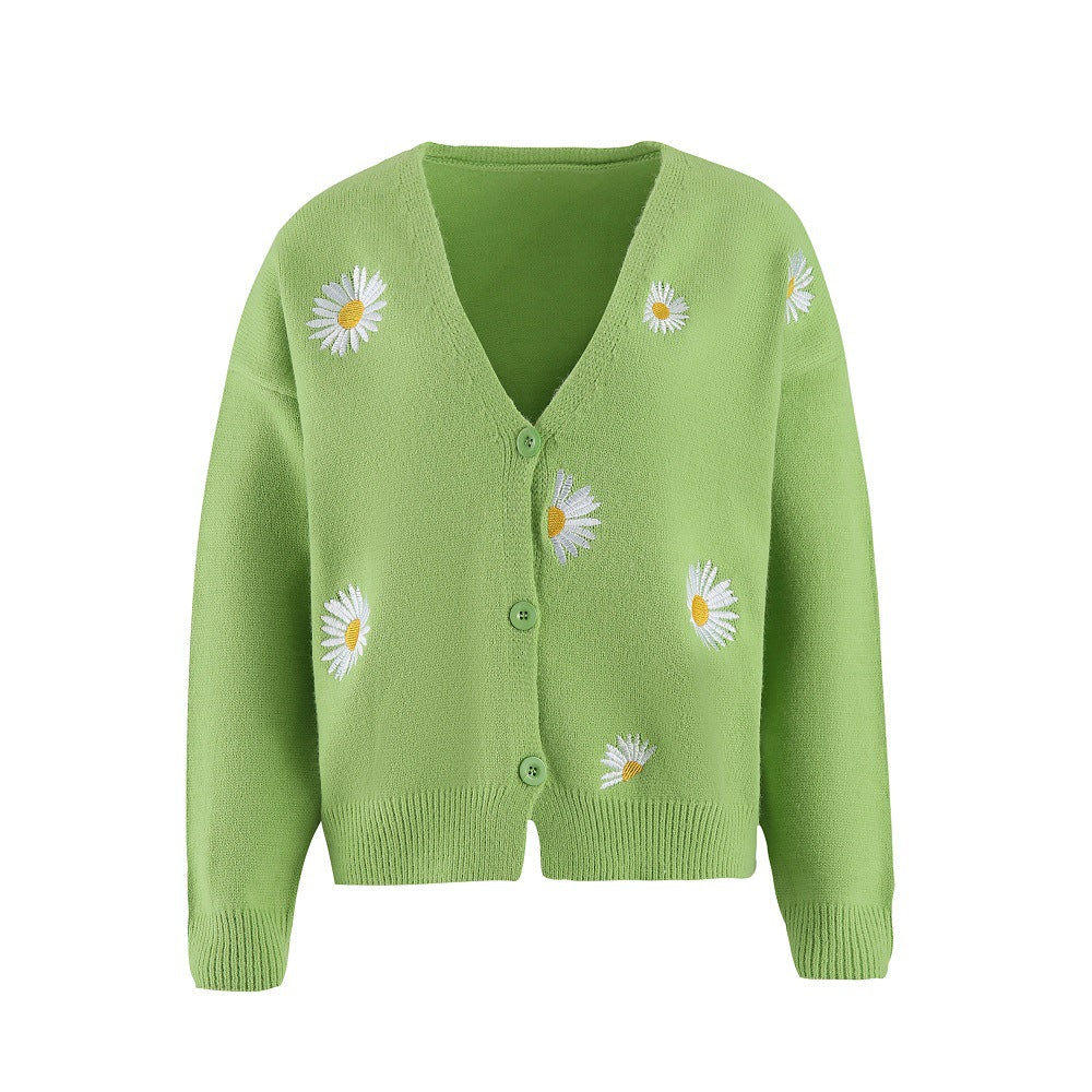 Damen Strickjacke mit Blumenstickerei und V-Ausschnitt Stilzeits