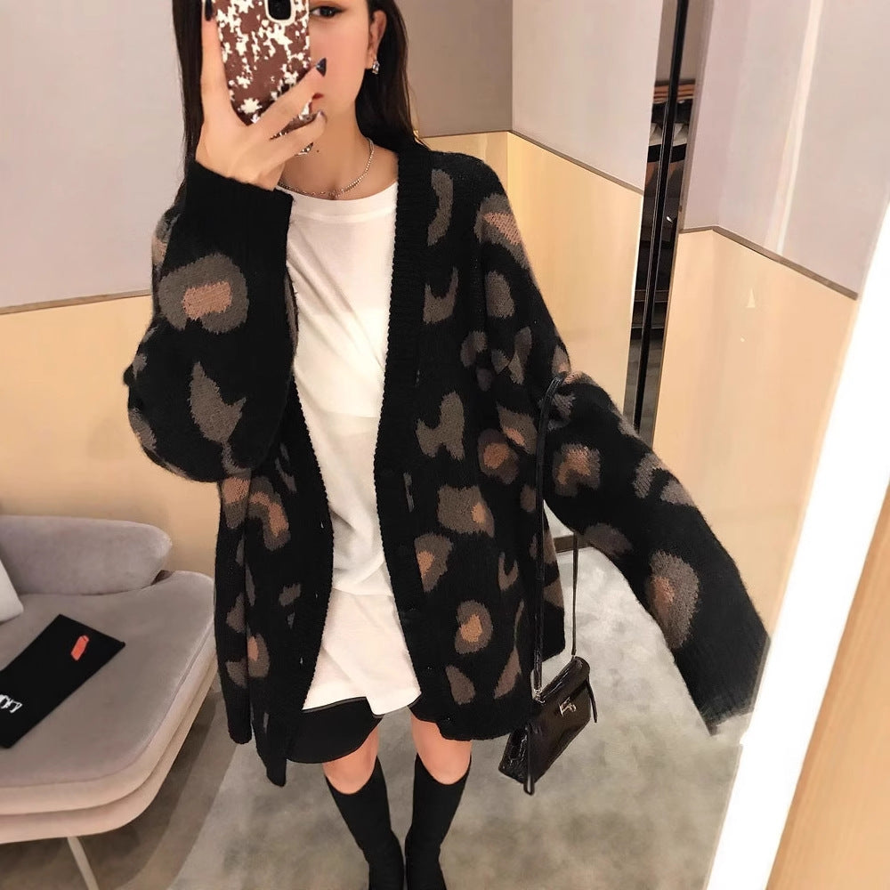 Damen gemütliche Strickjacke mit einzigartigem Leopardenmuster Stilzeits