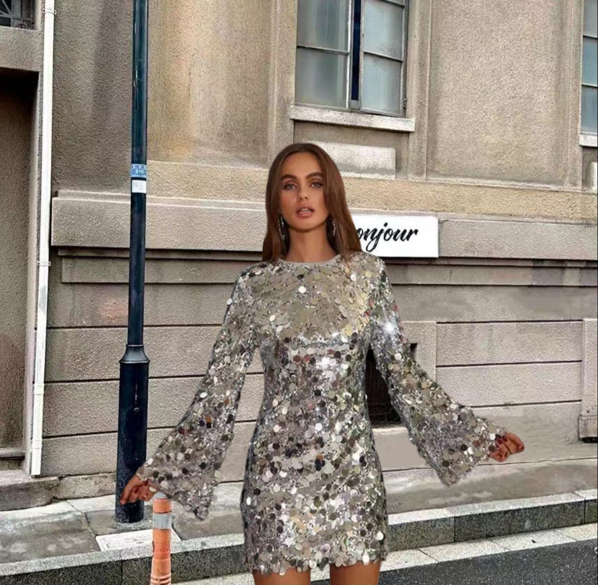 Damen Funkelndes Pailletten Cocktailkleid mit ausgestellten Ärmeln Stilzeits