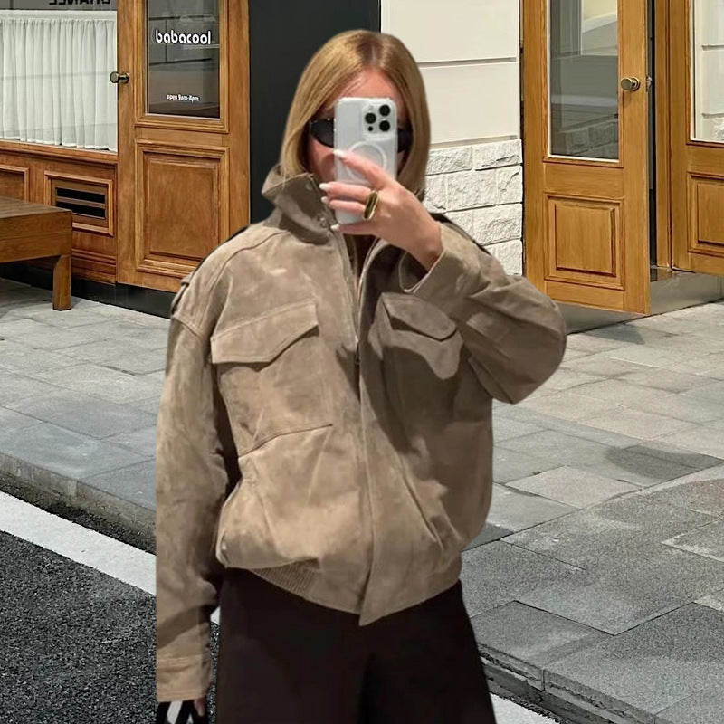 Damen Modische Oversized-Wildlederjacke mit praktischen Taschen und hohem Kragen Stilzeits