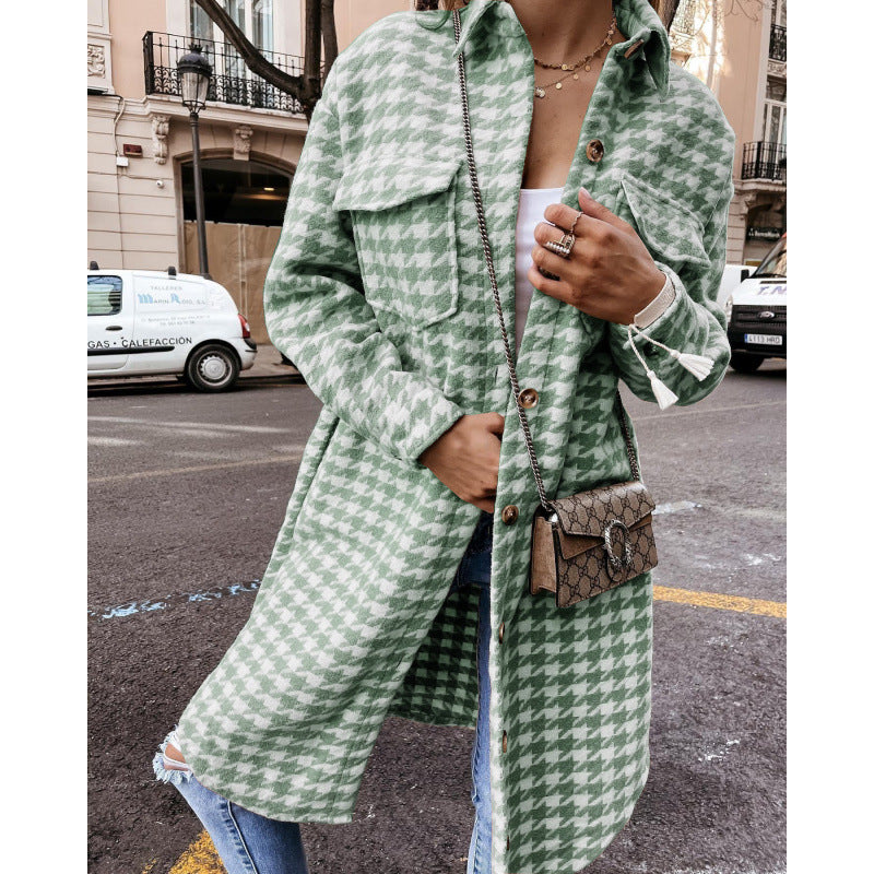 Damen Hahnentritt-Muster Oversized Hemdjacke Stilzeits