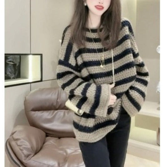 Damen Grobstrickpullover mit lässigem Streifenmuster und voluminösen Ärmeln Stilzeits - Stilzeits